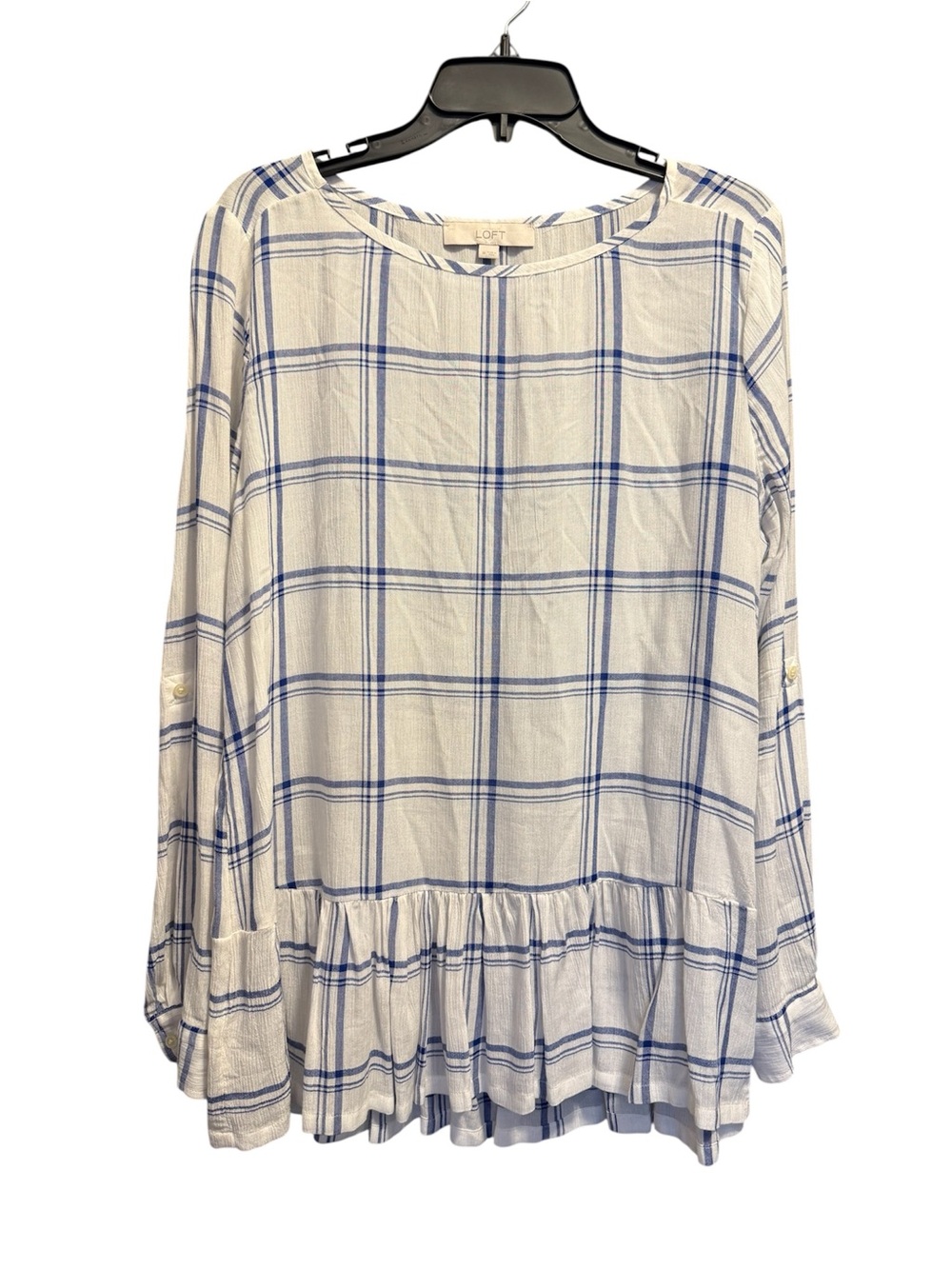 LOFT White and Blue Plaid Peplum Tunic Top
